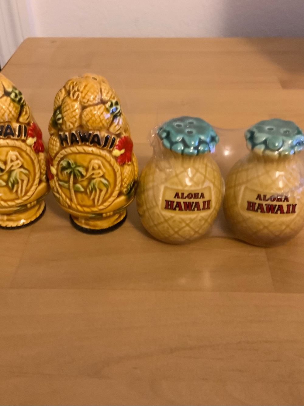 2 sets of Hawaii Pineapple Salt & Pepper Shakers - Yellow with Teal Tops